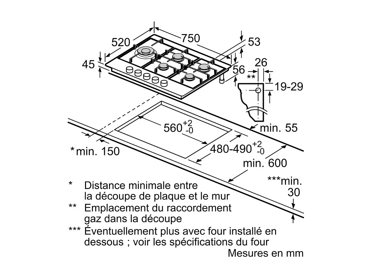 Siemens Table de cuisson gaz 75cm 5 feux 12500w inox - EC7A5SI90