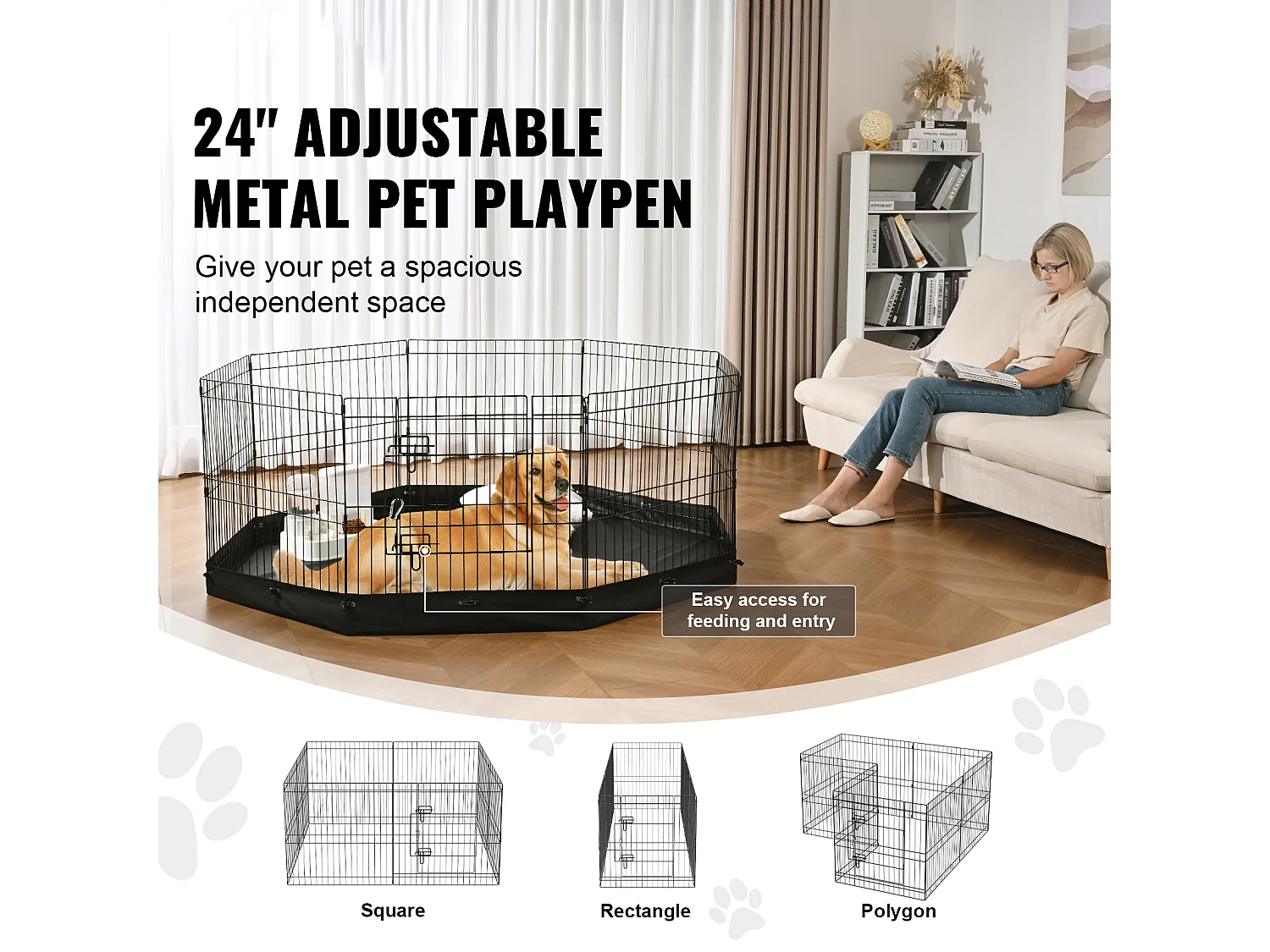 Parc pour Chien SucceBuy Parc pour Chien Pliable en Métal à 8 Panneaux avec Coussin Inférieur, Parc d'Exercice de 60.96 cm de Hauteur