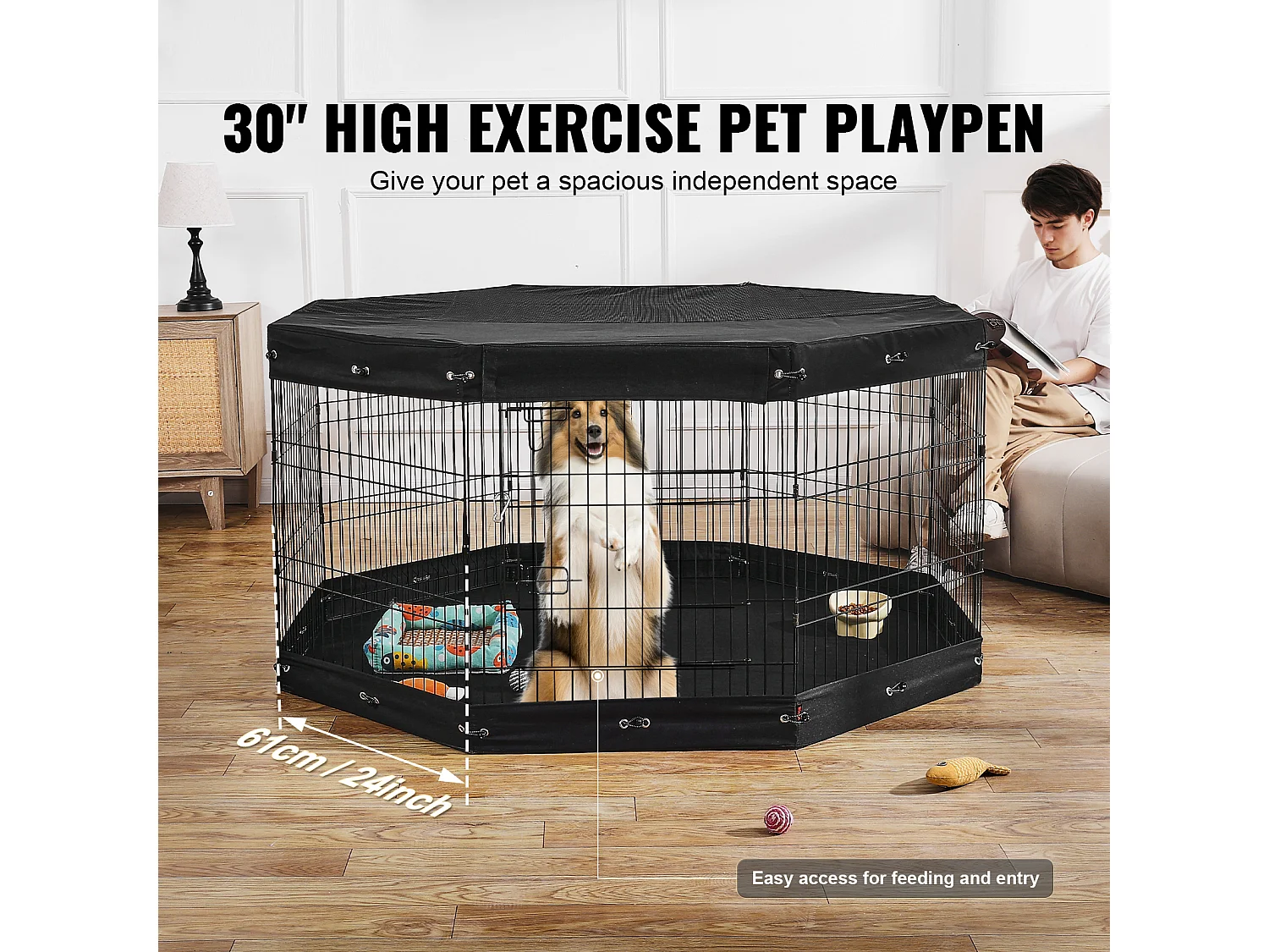 Parco per Cani SucceBuy Box per Cani a 8 Pannelli, Box per Esercizi in Metallo Pieghevole con Copertura Protettiva, Altezza 76.20 cm