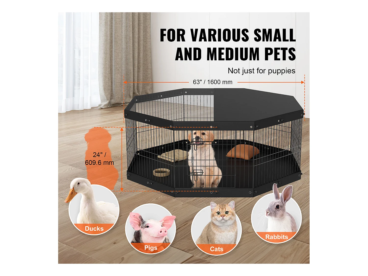 Parque para Perros SucceBuy Parque para Perros de 8 Paneles, Plegable de Metal con Cubierta y Almohadilla, para Ejercicio