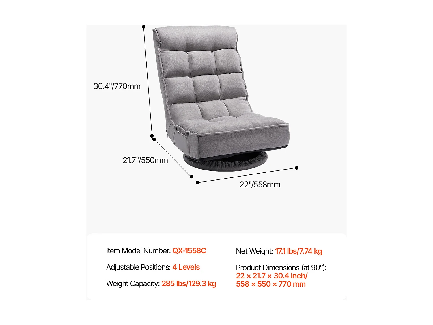 Vloerfauteuil SucceBuy met 4 Regelbare Posities en Inklinable Plegbaar 360° Draaibaar