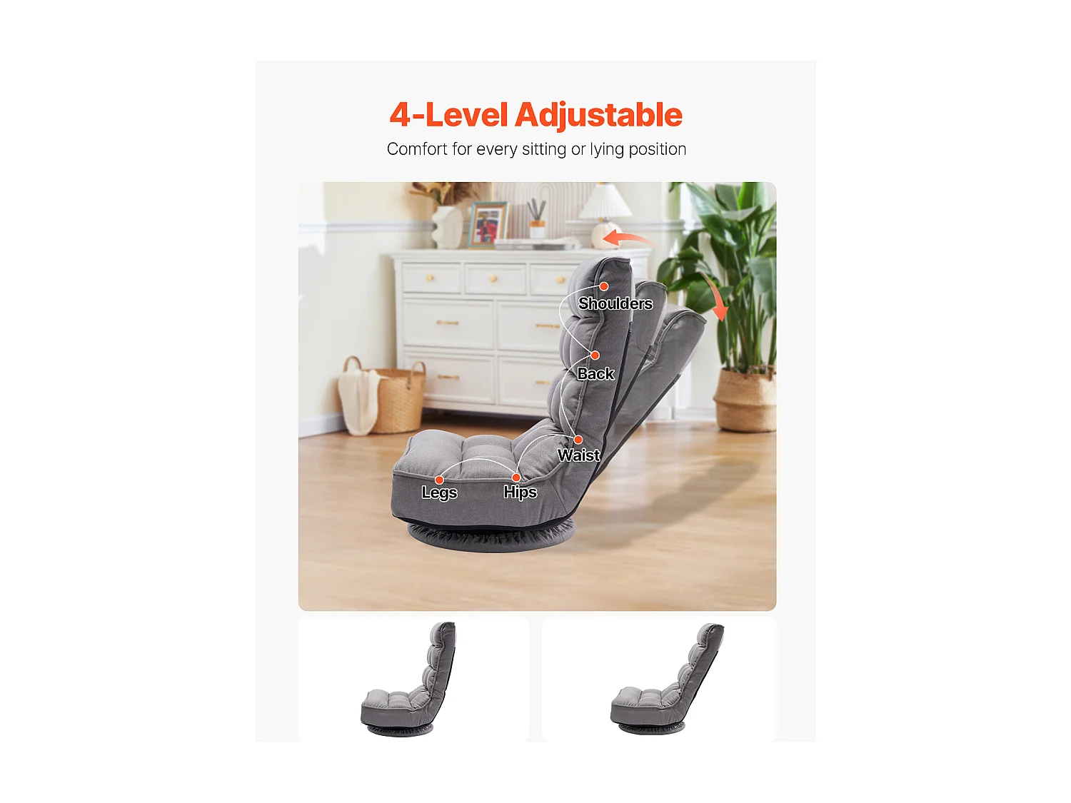 Vloerfauteuil SucceBuy met 4 Regelbare Posities en Inklinable Plegbaar 360° Draaibaar