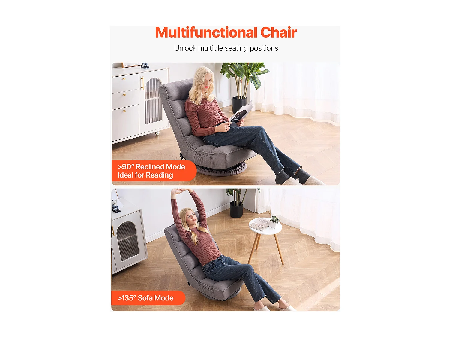 Vloerfauteuil SucceBuy met 4 Regelbare Posities en Inklinable Plegbaar 360° Draaibaar