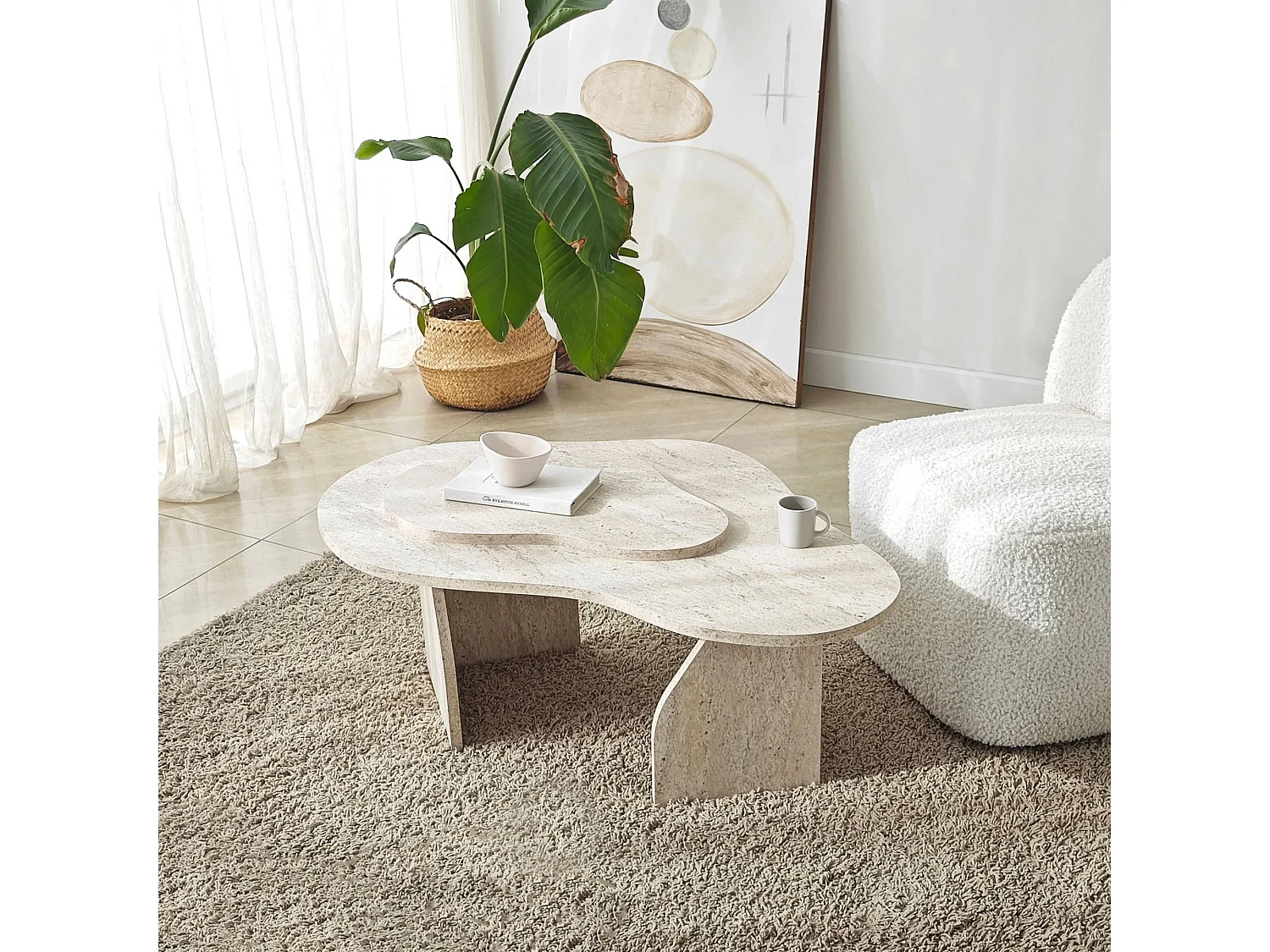 Table basse design Presta L105cm Effet travertin beige