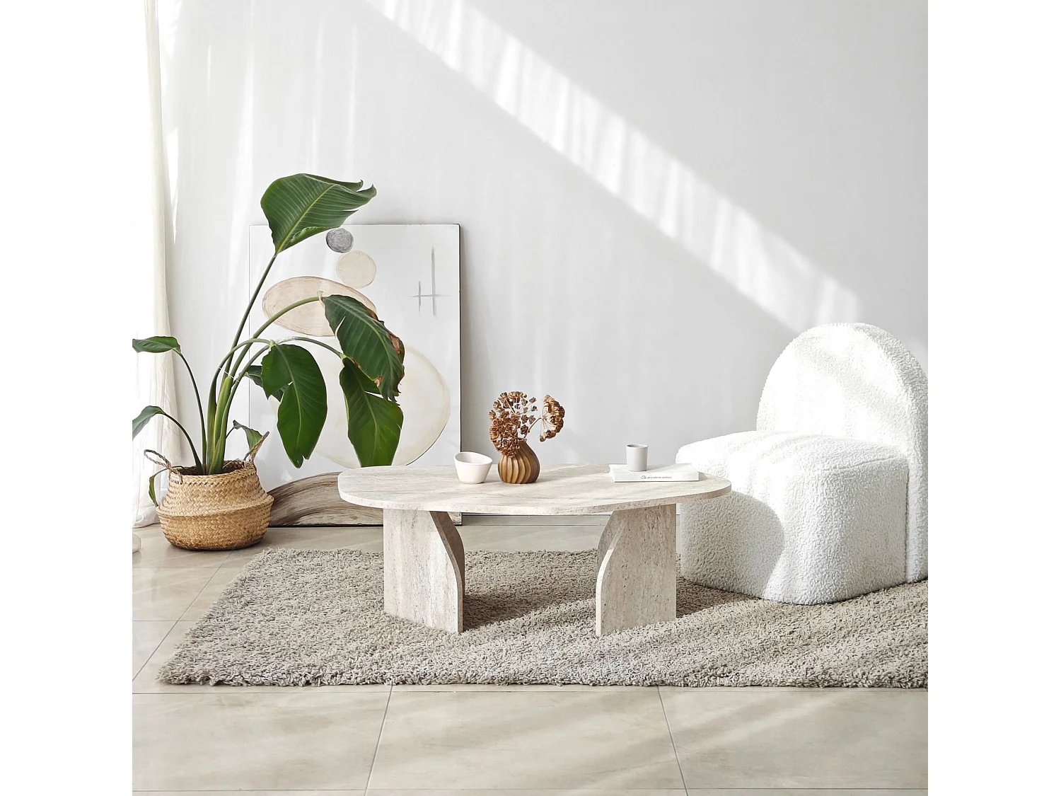 Table basse moderne Jiro L105cm Effet travertin beige