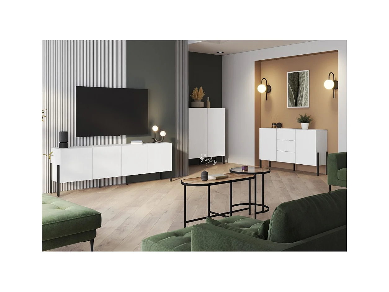 Pack salon SALMA – Buffet XL 4 portes, armoire 2 portes & buffet 2 portes et 3 tiroirs blanc super mat & noir mat