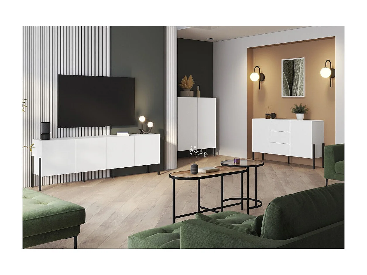 Pack salón SALMA – Buffet XL 4 puertas, armario 2 puertas & buffet 2 puertas y 3 cajones blanco super mate & negro mate