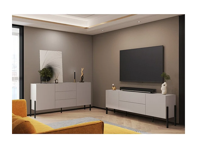 Pack salón SALMA – aparador 2 puertas & 3 cajones y mueble TV 2 puertas & 2 cajones beige & negro mate