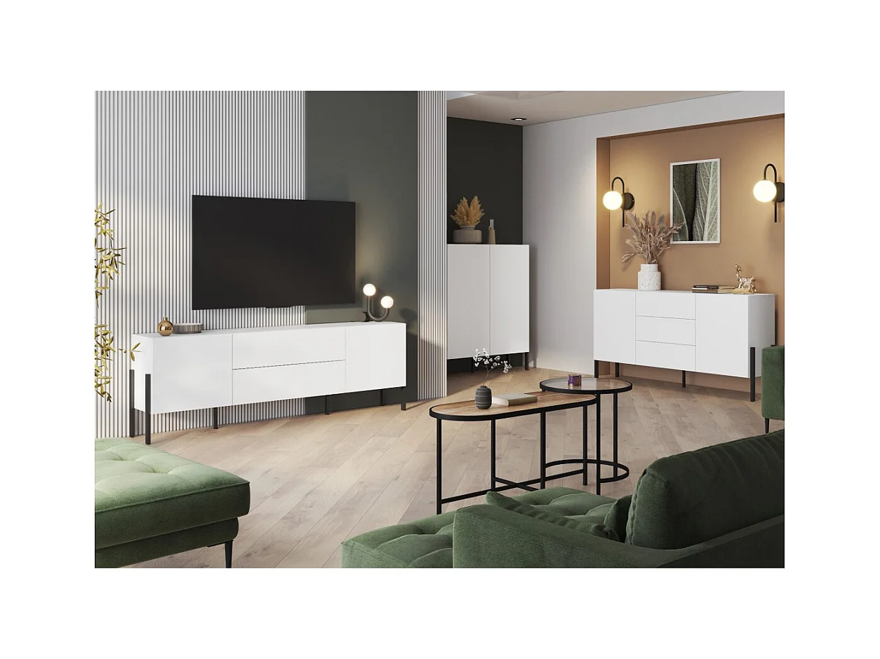 Pack sala SALMA – Móvel para TV, buffet 2 portas & 3 gavetas e armário branco super fosco & preto fosco