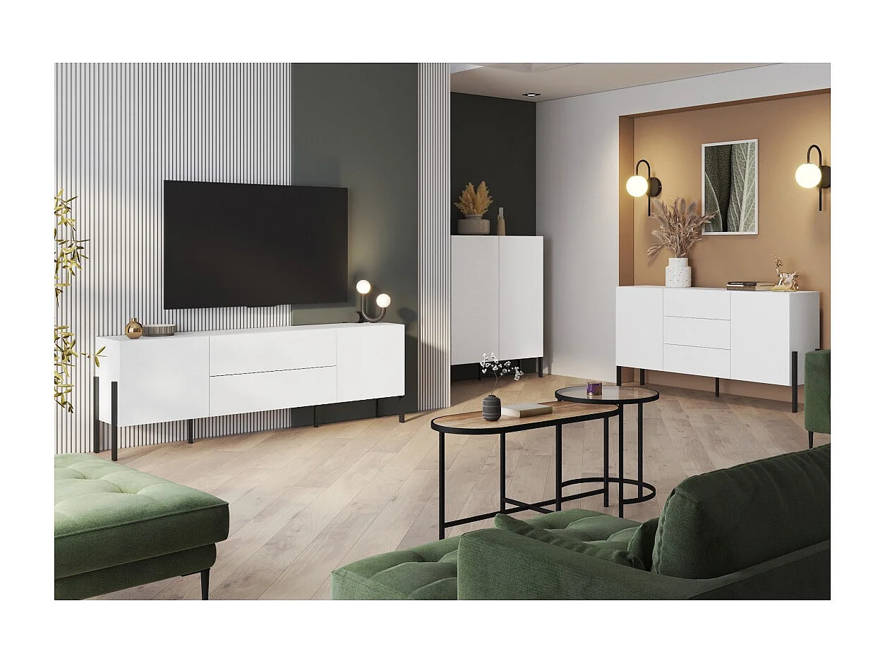 Pack salón SALMA – Mueble para TV, aparador con 2 puertas y 3 cajones y armario en blanco super mate y negro mate