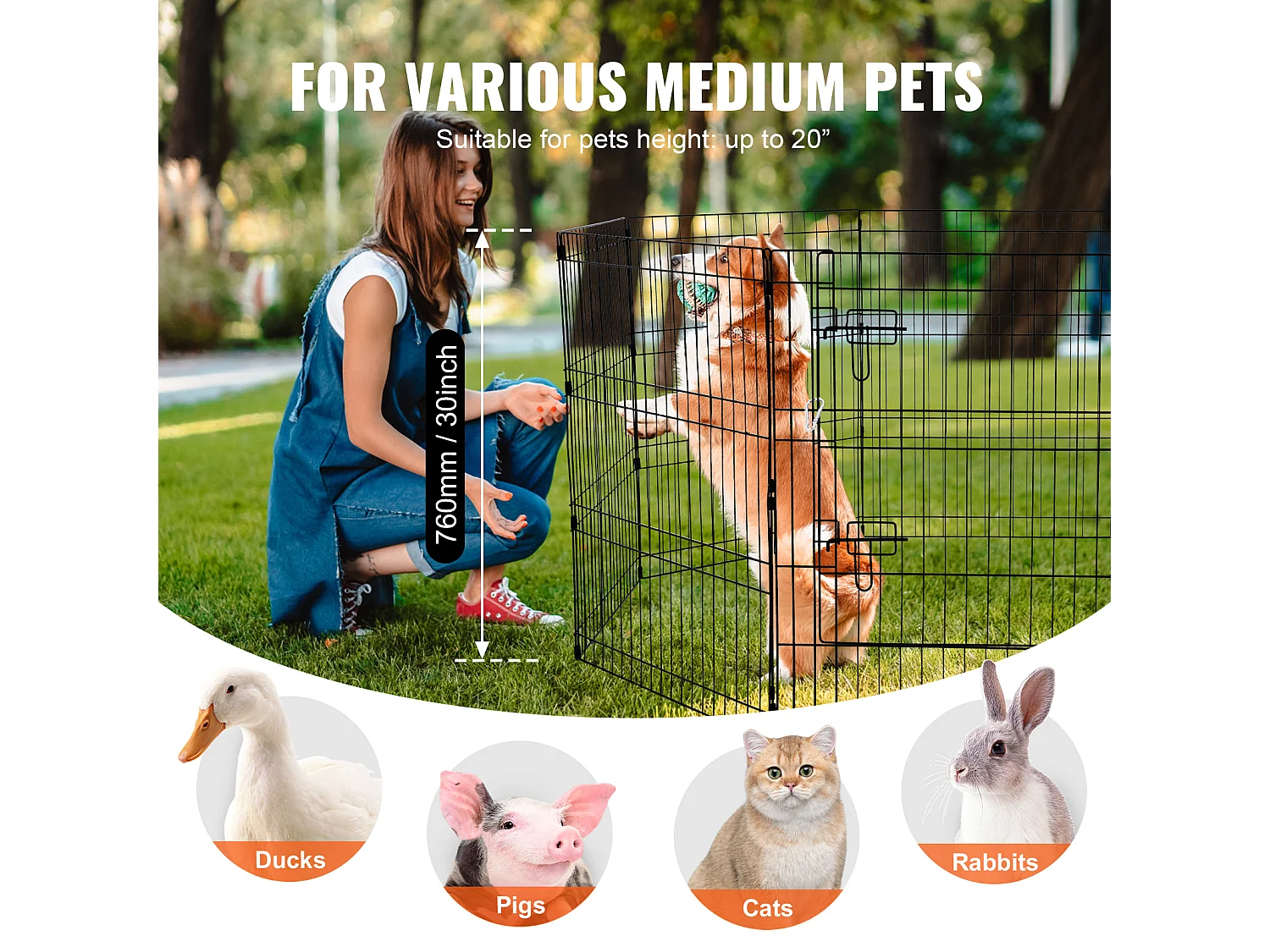 Parc pour Chien SucceBuy Parc pour Chien 8 Panneaux en Métal Pliable avec Coussinet Inférieur, 76.20 cm de Haut