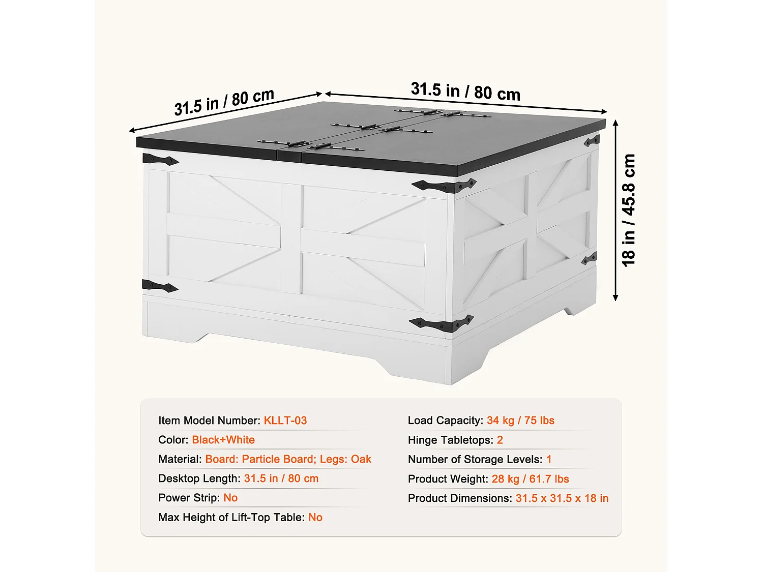 Table Basse de Ferme SucceBuy, Carrée à Charnières avec Rangement, 800 mm, Noir et Blanc