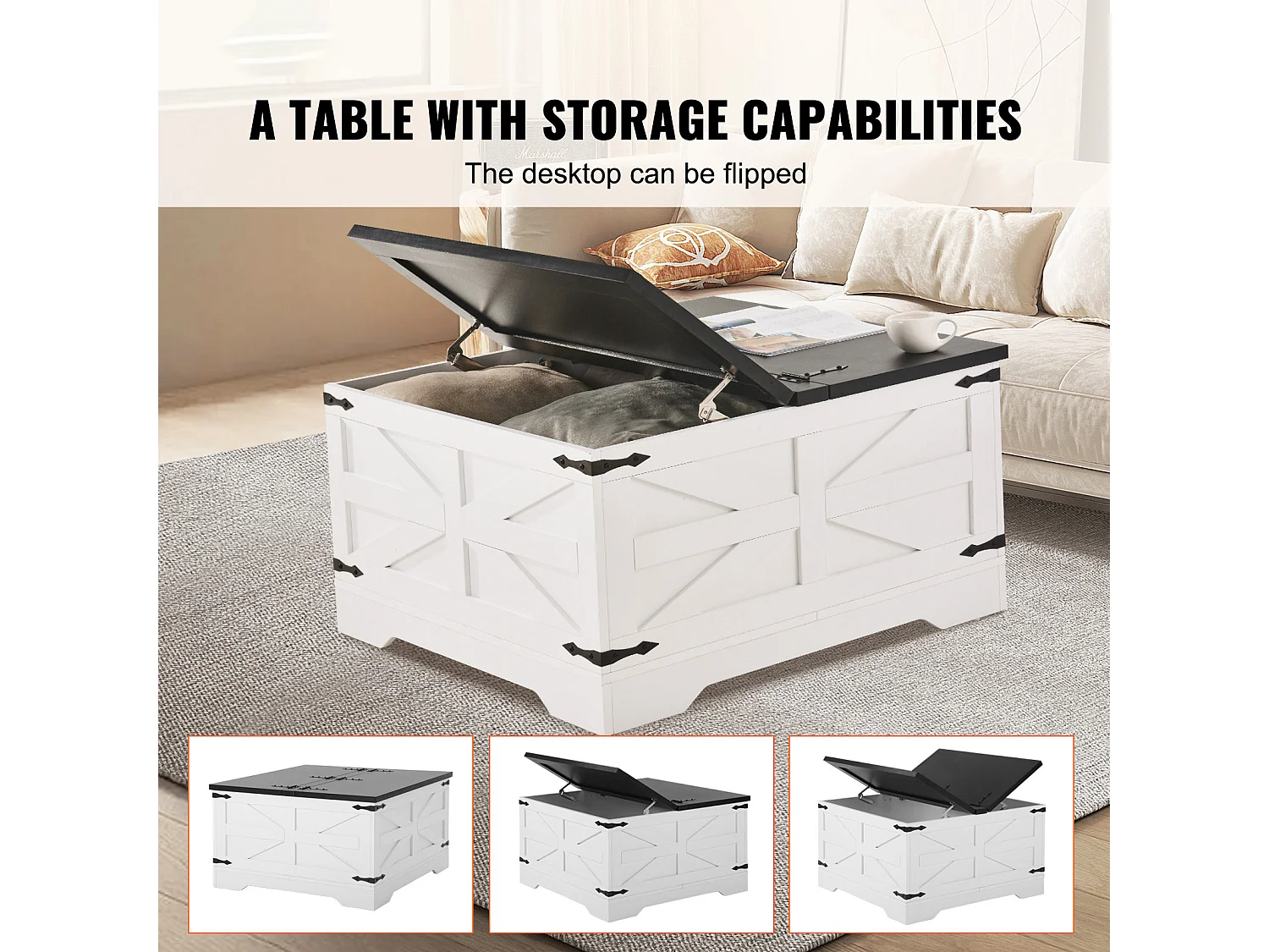 Table Basse de Ferme SucceBuy, Carrée à Charnières avec Rangement, 800 mm, Noir et Blanc