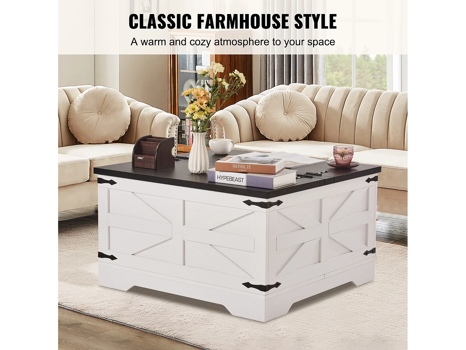 Table Basse de Ferme SucceBuy, Carrée à Charnières avec Rangement, 800 mm, Noir et Blanc