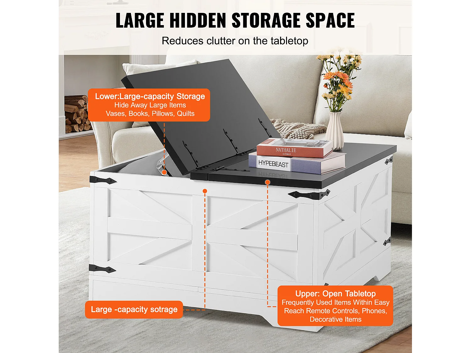 Table Basse de Ferme SucceBuy, Carrée à Charnières avec Rangement, 800 mm, Noir et Blanc