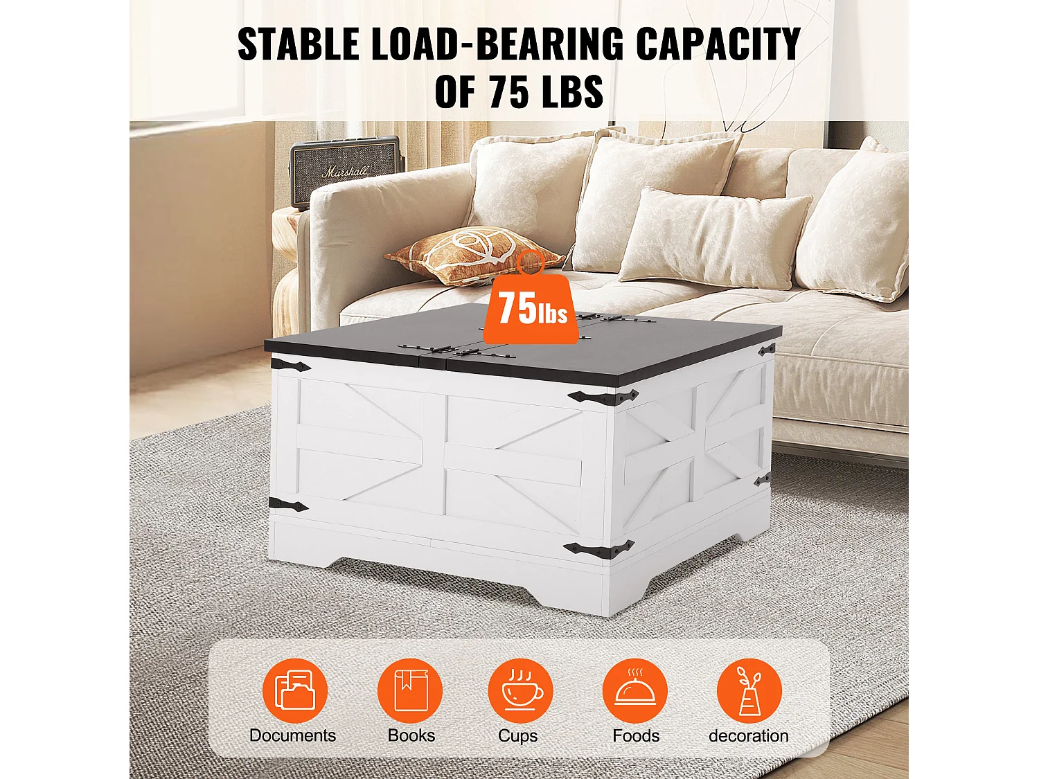 Table Basse de Ferme SucceBuy, Carrée à Charnières avec Rangement, 800 mm, Noir et Blanc