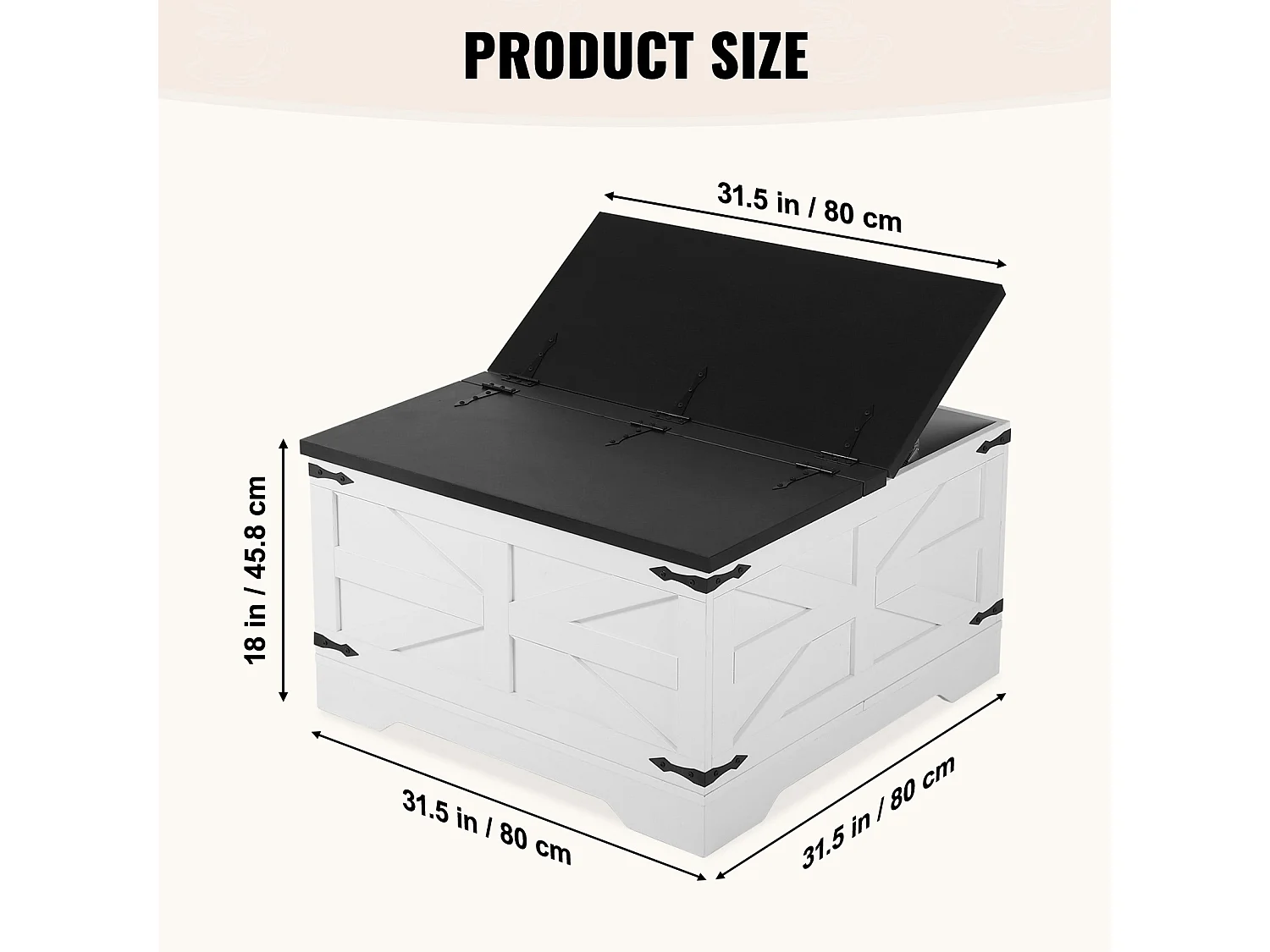 Table Basse de Ferme SucceBuy, Carrée à Charnières avec Rangement, 800 mm, Noir et Blanc