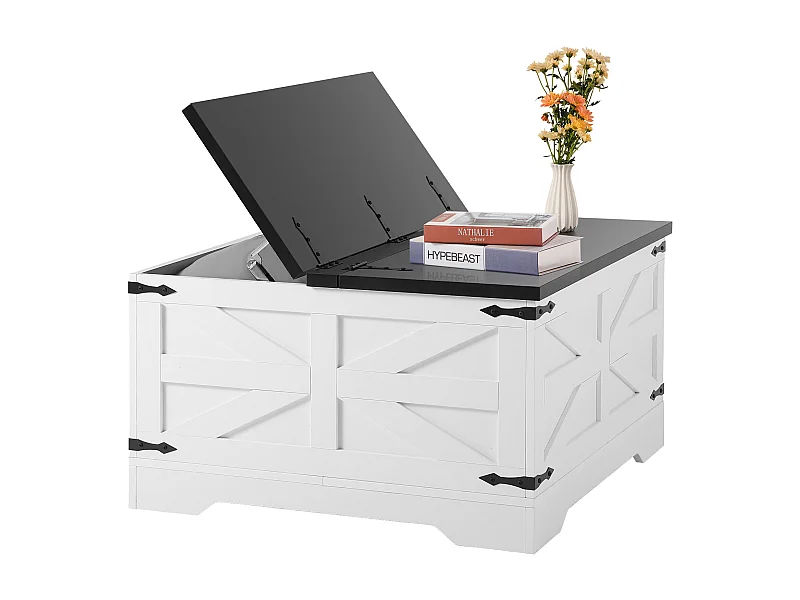 Vierkante Boeren Salontafel met Scharnier en Opbergruimte SucceBuy, 800 mm, Zwart Wit