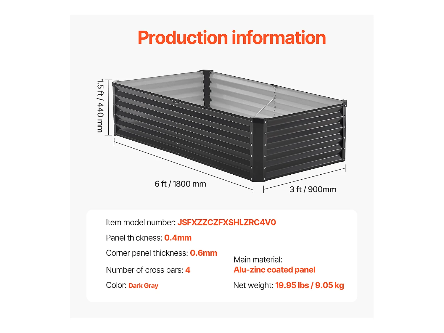 Jardinière Surélevée en Métal SucceBuy 1800 x 900 x 600 mm Galvanisée Gris Foncé