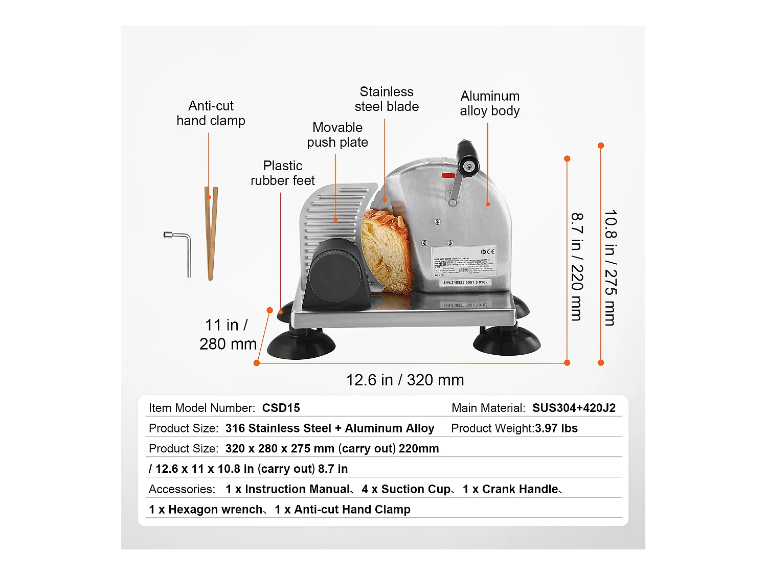 Trancheuse à Fromage, Cuisine, Restaurant, Trancheuse Manuelle SucceBuy 0-15.2 CM, 0 V, Alliage d'Aluminium, Acier Inoxydable, Argent