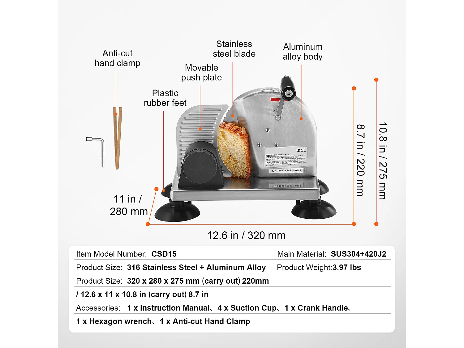 Trancheuse à Fromage, Cuisine, Restaurant, Trancheuse Manuelle SucceBuy 0-15.2 CM, 0 V, Alliage d'Aluminium, Acier Inoxydable, Argent