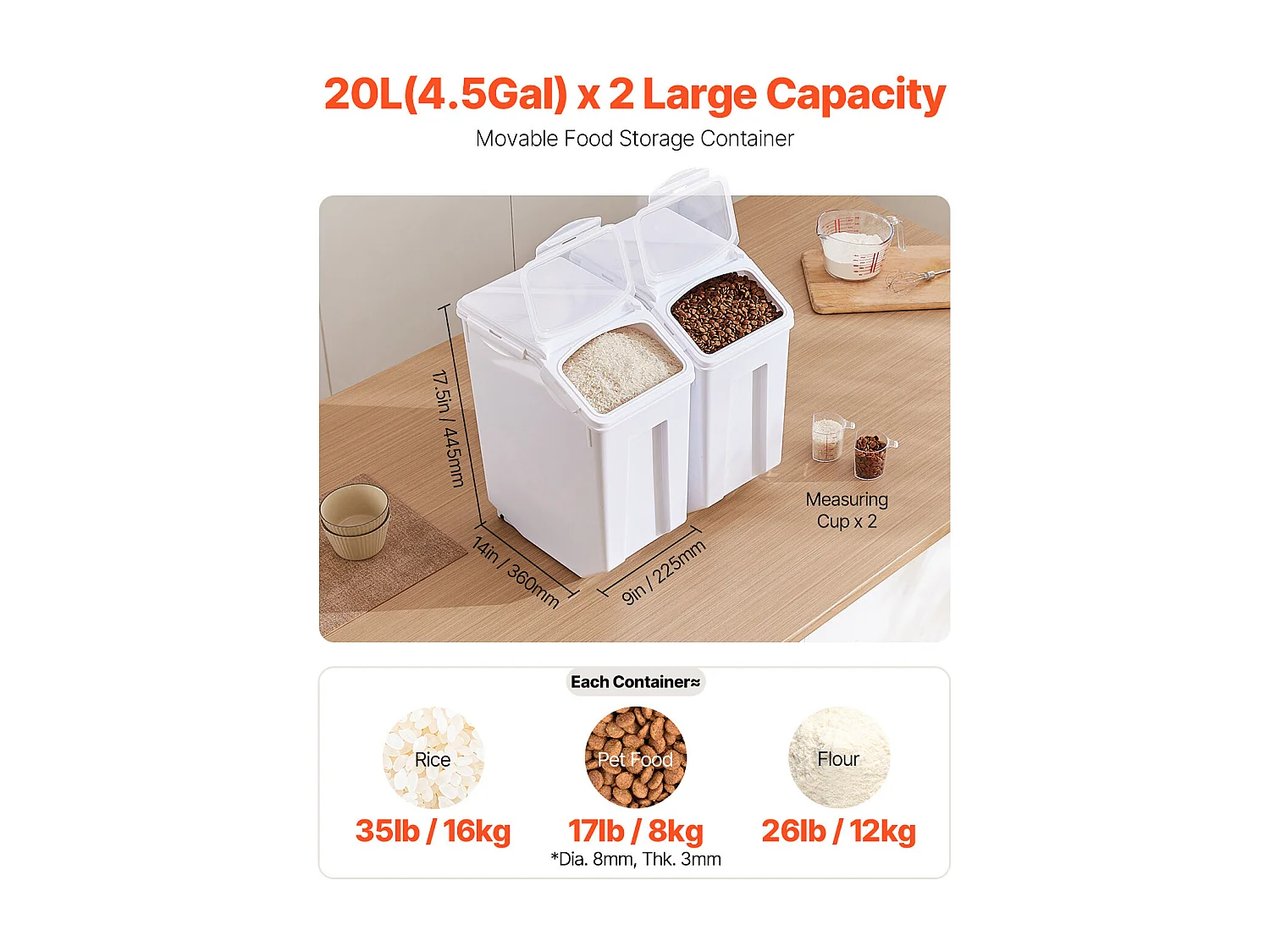 Conteneur SucceBuy Grand Récipient de Stockage d'Ingrédients 20 L x 2, Bac à Farine de Cuisine Hermétique