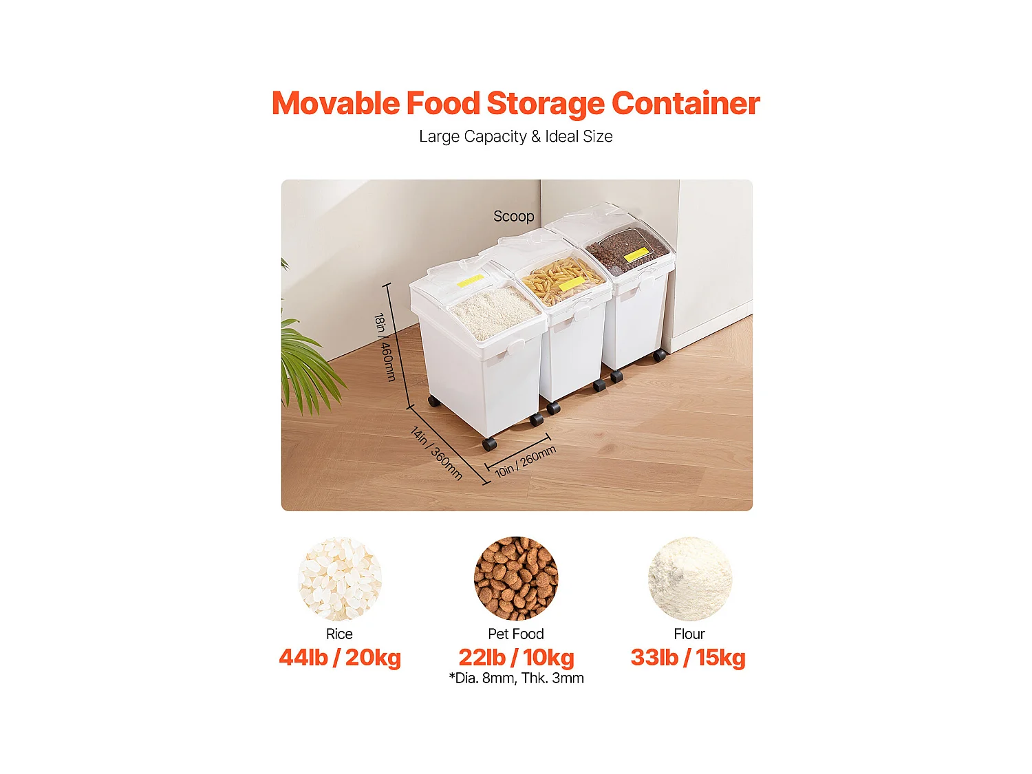 Conteneur SucceBuy Ensemble de Bacs de Stockage d'Ingrédients de 21L, Bacs à Farine sur Roulettes, 3 Pièces