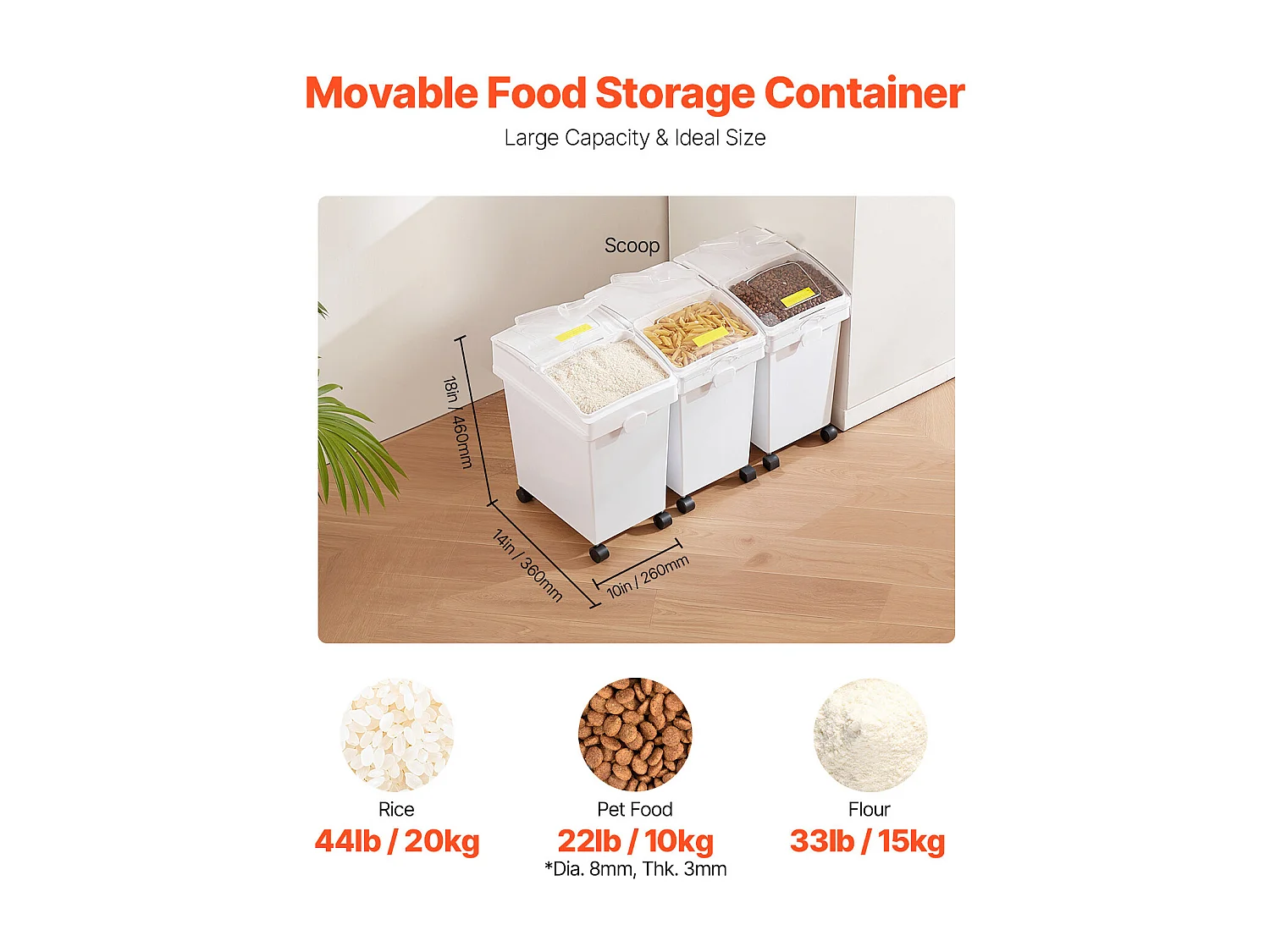 Conteneur SucceBuy Ensemble de Bacs de Stockage d'Ingrédients de 21L, Bacs à Farine sur Roulettes, 3 Pièces