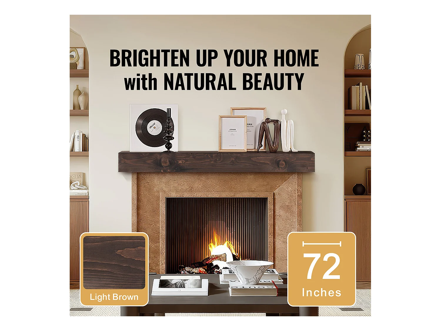 Étagère Flottante Murale en Bois Rustique SucceBuy, 183 cm, Marron Clair, Manteau Cheminée