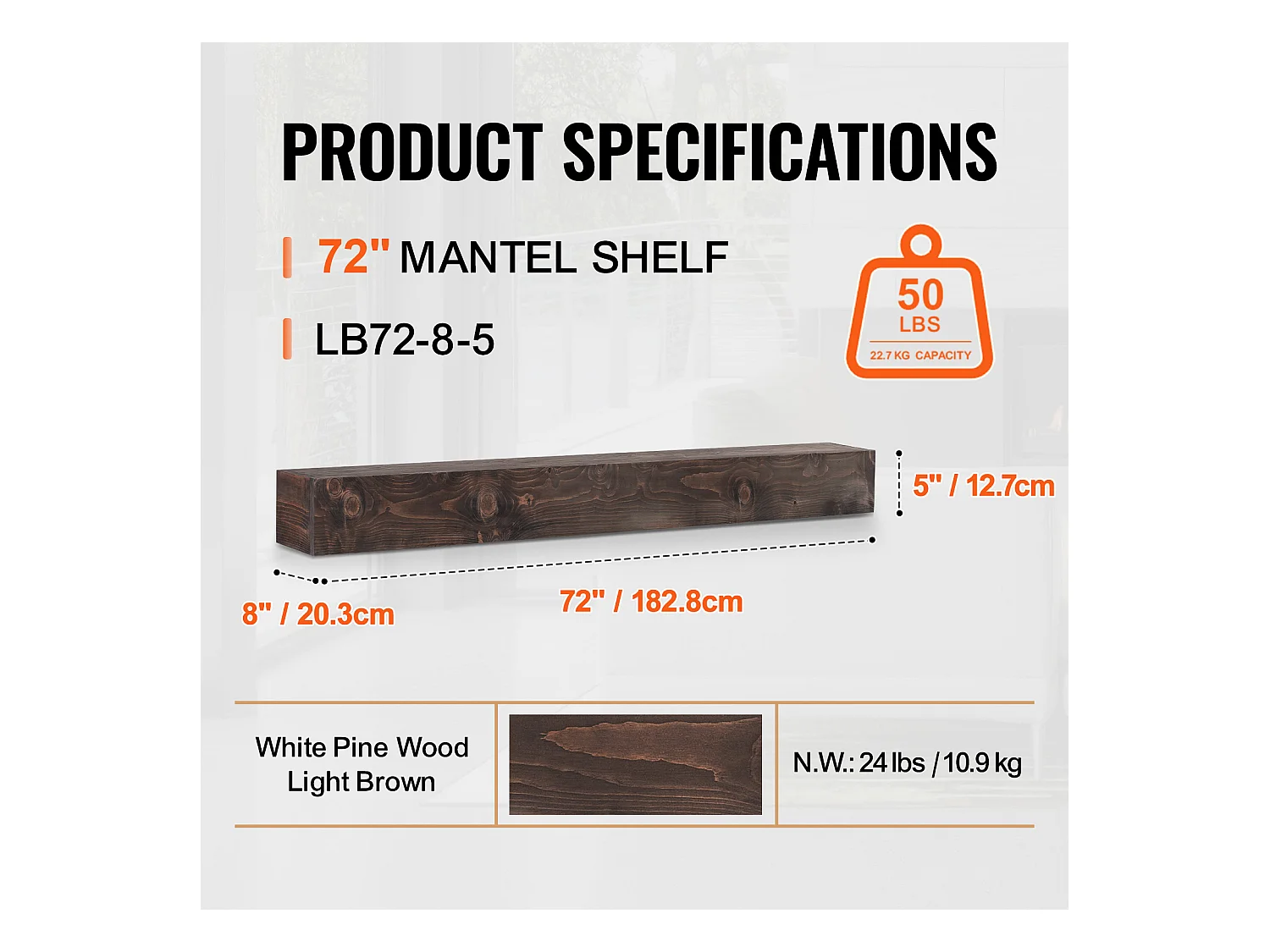 Étagère Flottante Murale en Bois Rustique SucceBuy, 183 cm, Marron Clair, Manteau Cheminée