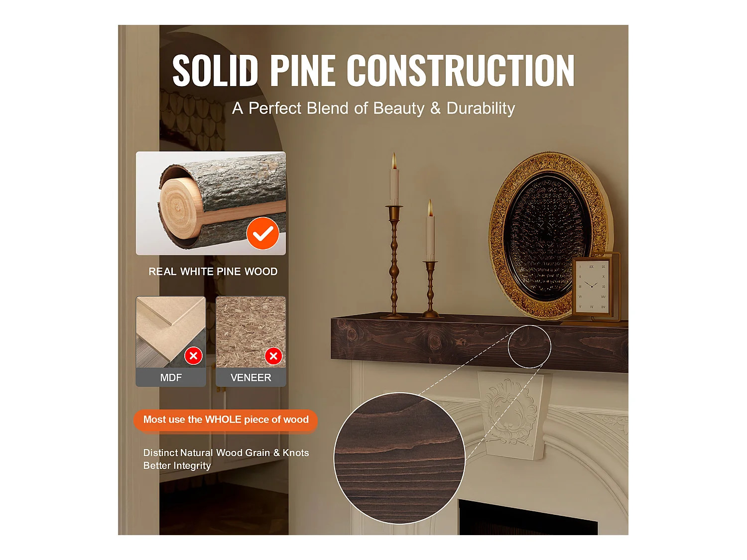 Étagère Flottante Murale en Bois Rustique SucceBuy, 183 cm, Marron Clair, Manteau Cheminée