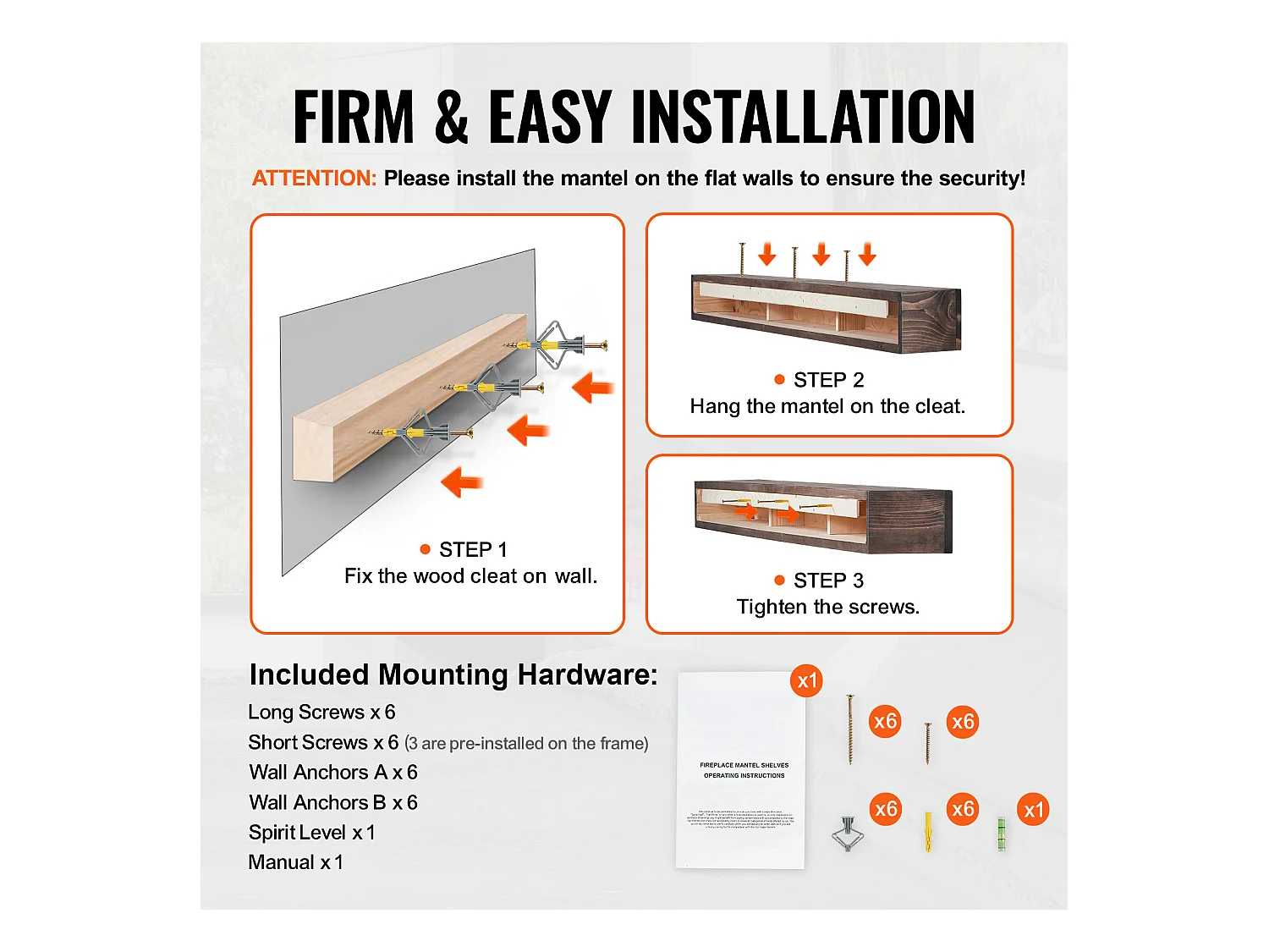 Étagère Flottante Murale en Bois Rustique SucceBuy, 183 cm, Marron Clair, Manteau Cheminée