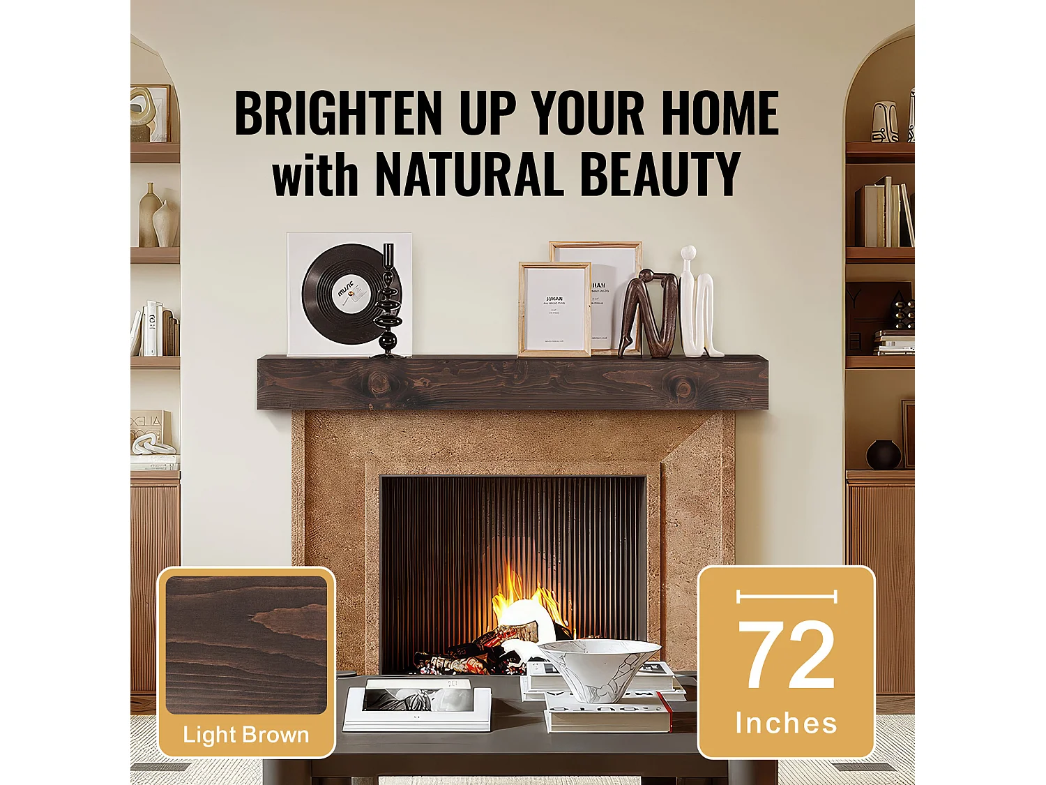 Étagère Flottante Murale en Bois Rustique SucceBuy, 183 cm, Marron Clair, Manteau Cheminée