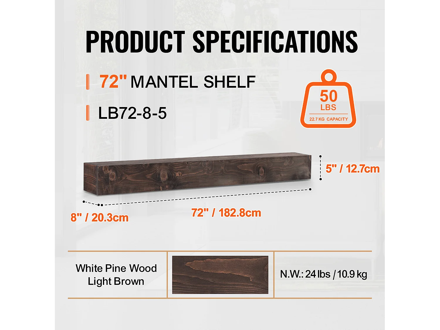 Étagère Flottante Murale en Bois Rustique SucceBuy, 183 cm, Marron Clair, Manteau Cheminée