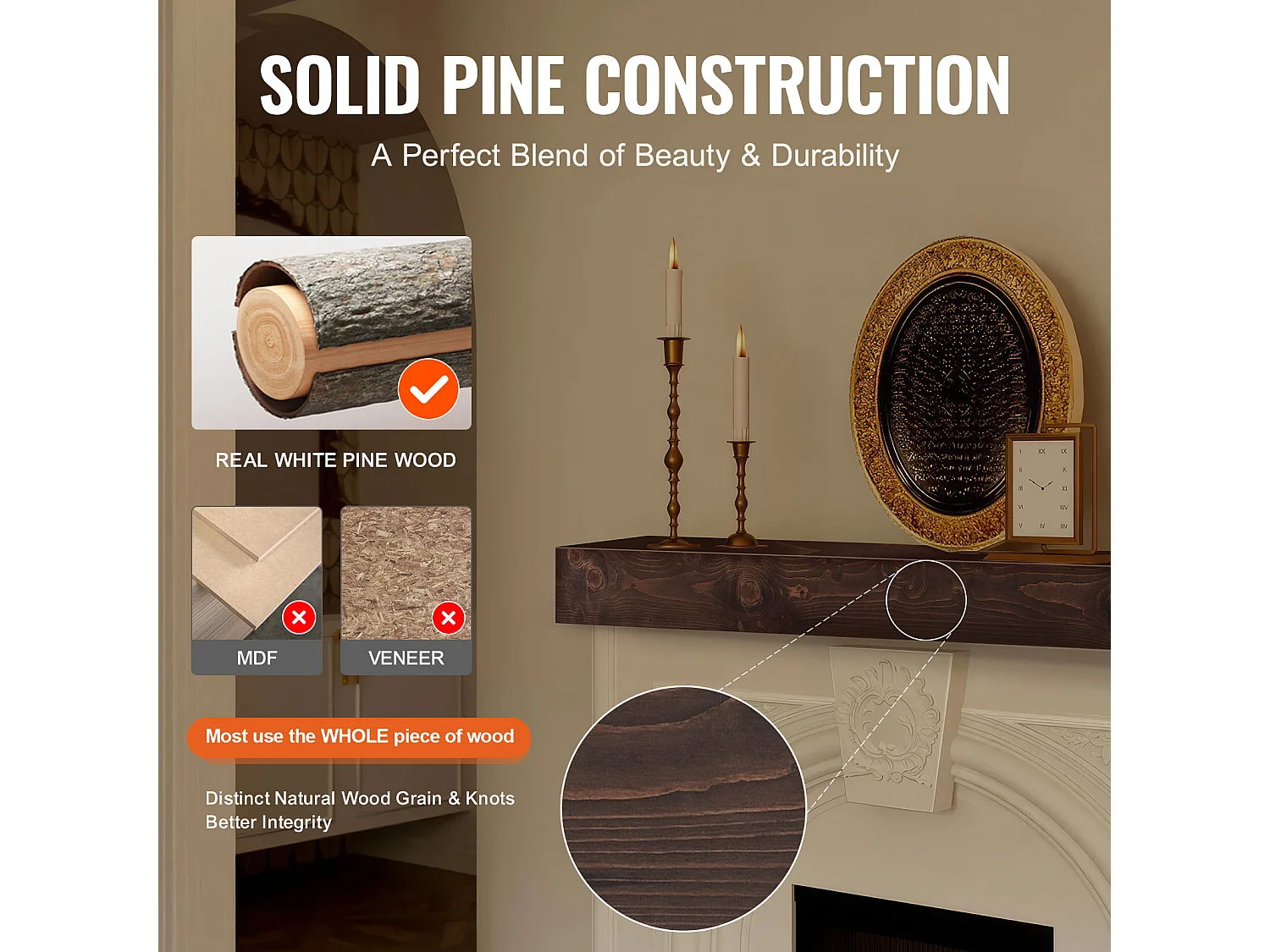 Étagère Flottante Murale en Bois Rustique SucceBuy, 183 cm, Marron Clair, Manteau Cheminée