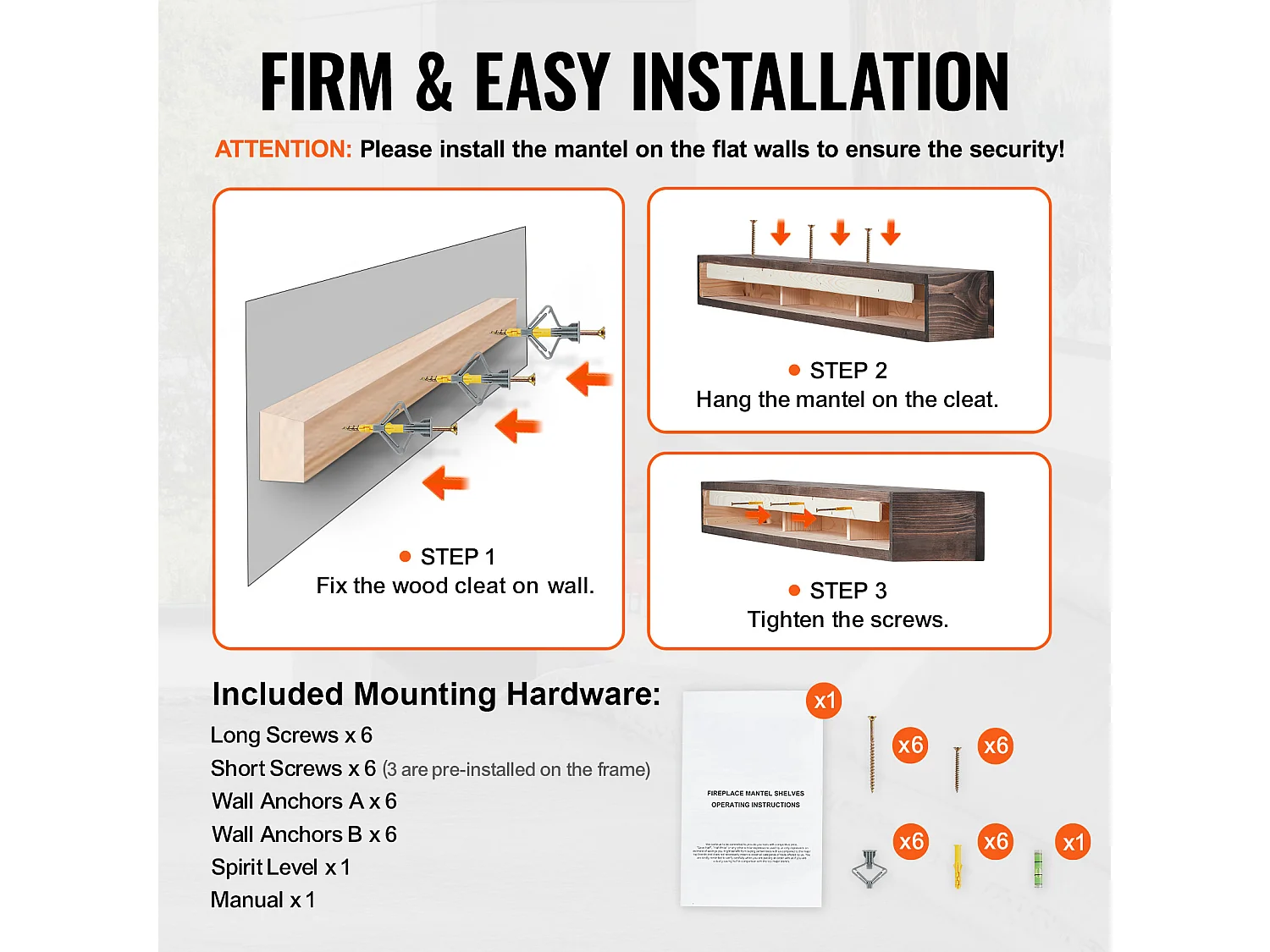 Étagère Flottante Murale en Bois Rustique SucceBuy, 183 cm, Marron Clair, Manteau Cheminée