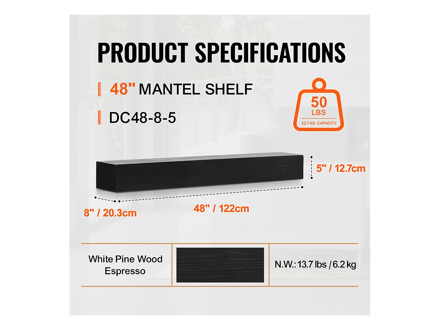 Étagère Flottante Murale en Bois SucceBuy, 122 cm,Expresso,Manteau Cheminée