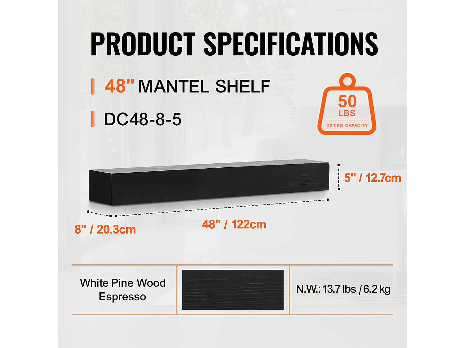 Étagère Flottante Murale en Bois SucceBuy, 122 cm,Expresso,Manteau Cheminée