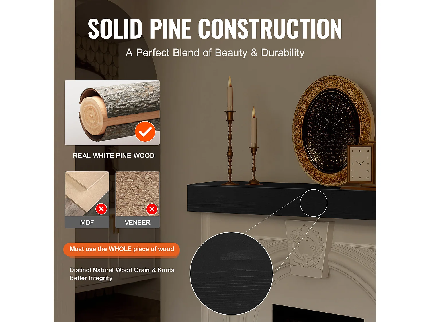 Étagère Flottante Murale en Bois SucceBuy, 122 cm,Expresso,Manteau Cheminée