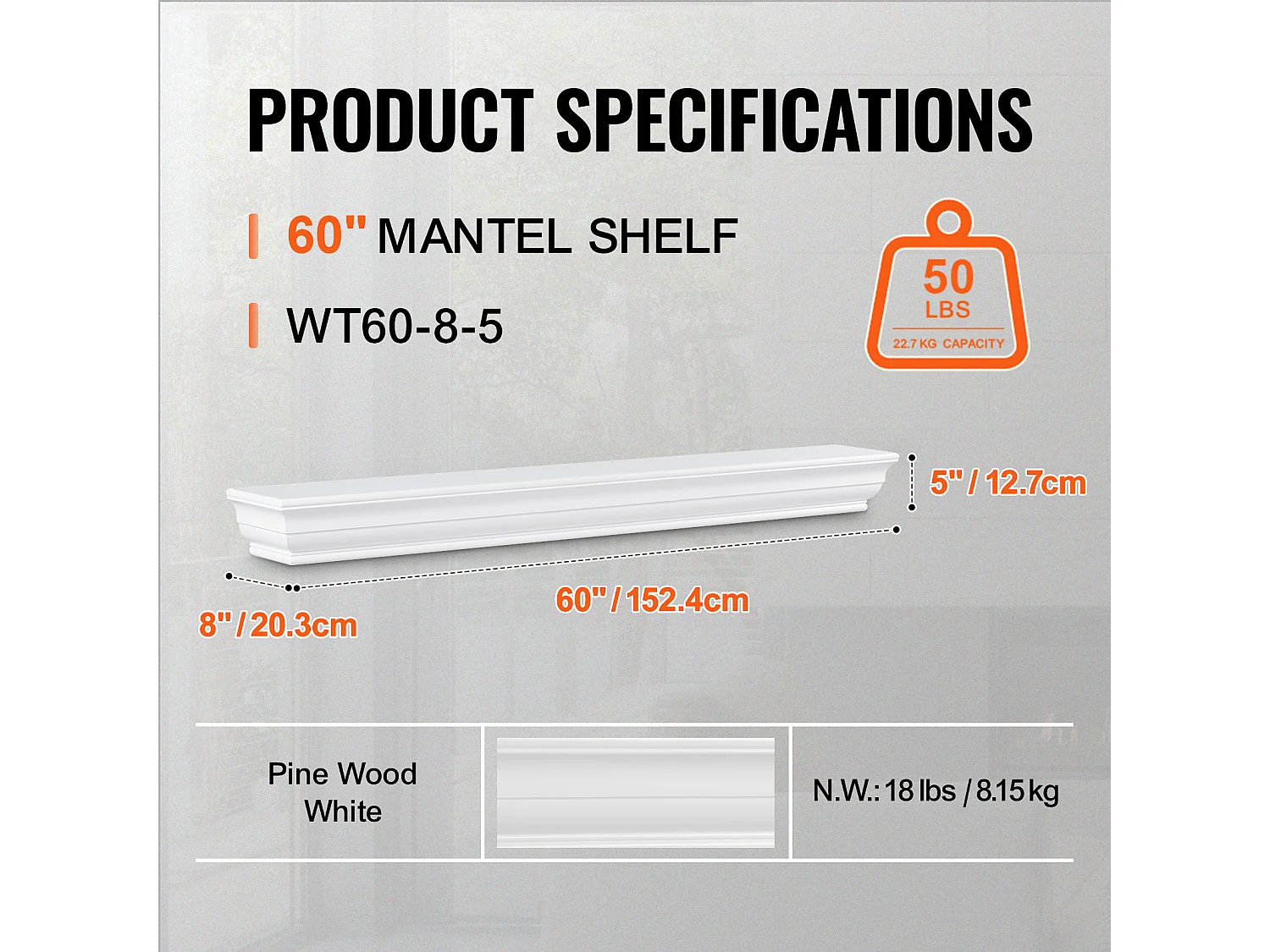 Prateleira Flutuante de Madeira para Lareira da Sala de Estar SucceBuy, 152,4 cm