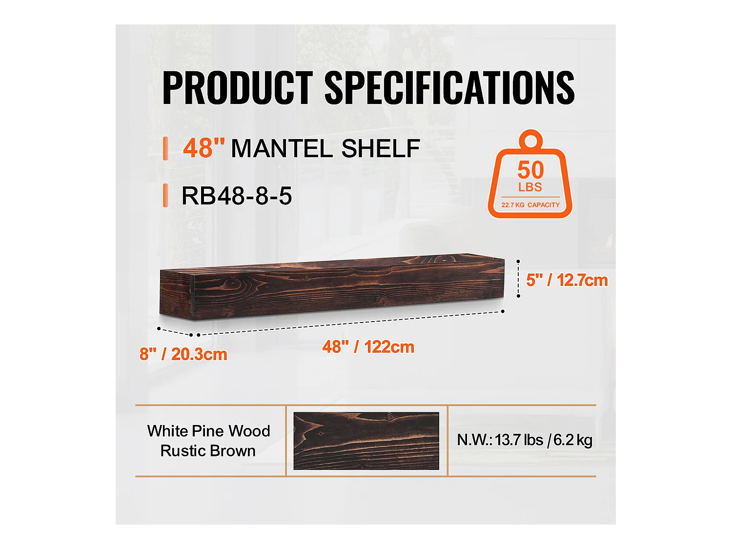 Étagère Flottante Murale en Bois SucceBuy, 122 cm, Marron, Manteau Cheminée