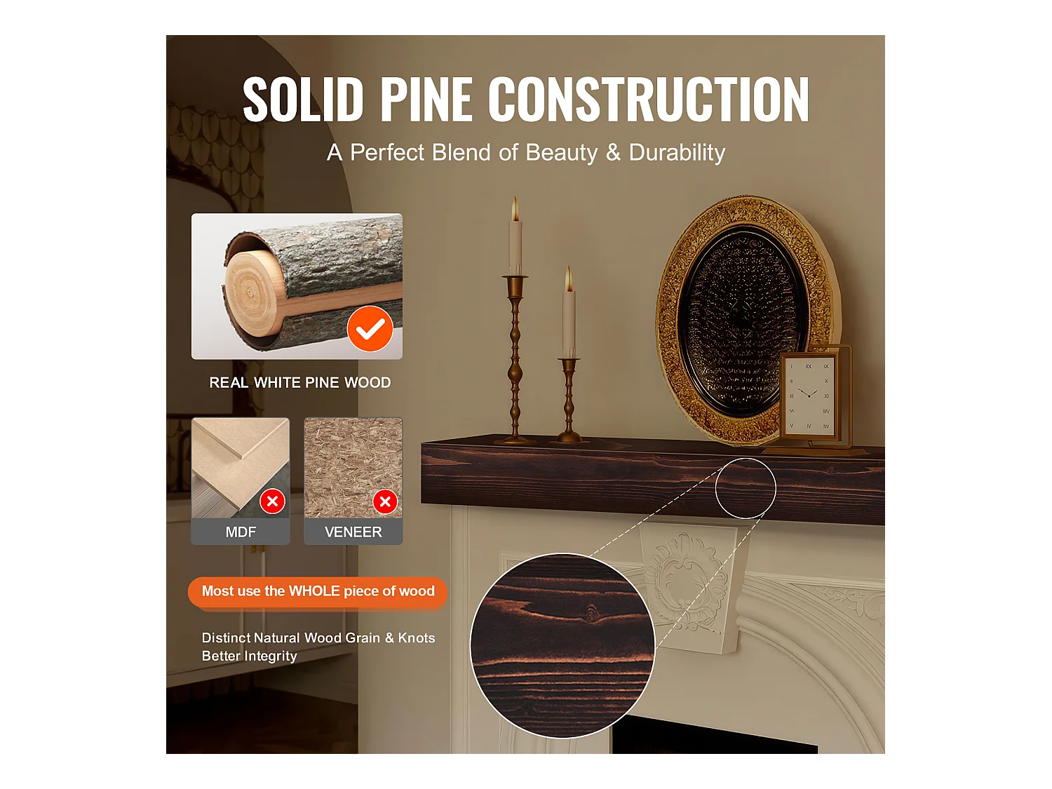 Étagère Flottante Murale en Bois SucceBuy, 122 cm, Marron, Manteau Cheminée