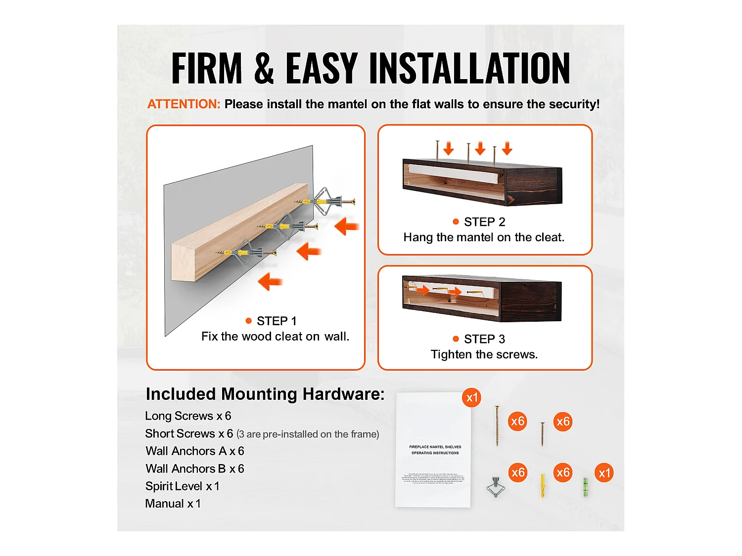 Étagère Flottante Murale en Bois SucceBuy, 122 cm, Marron, Manteau Cheminée