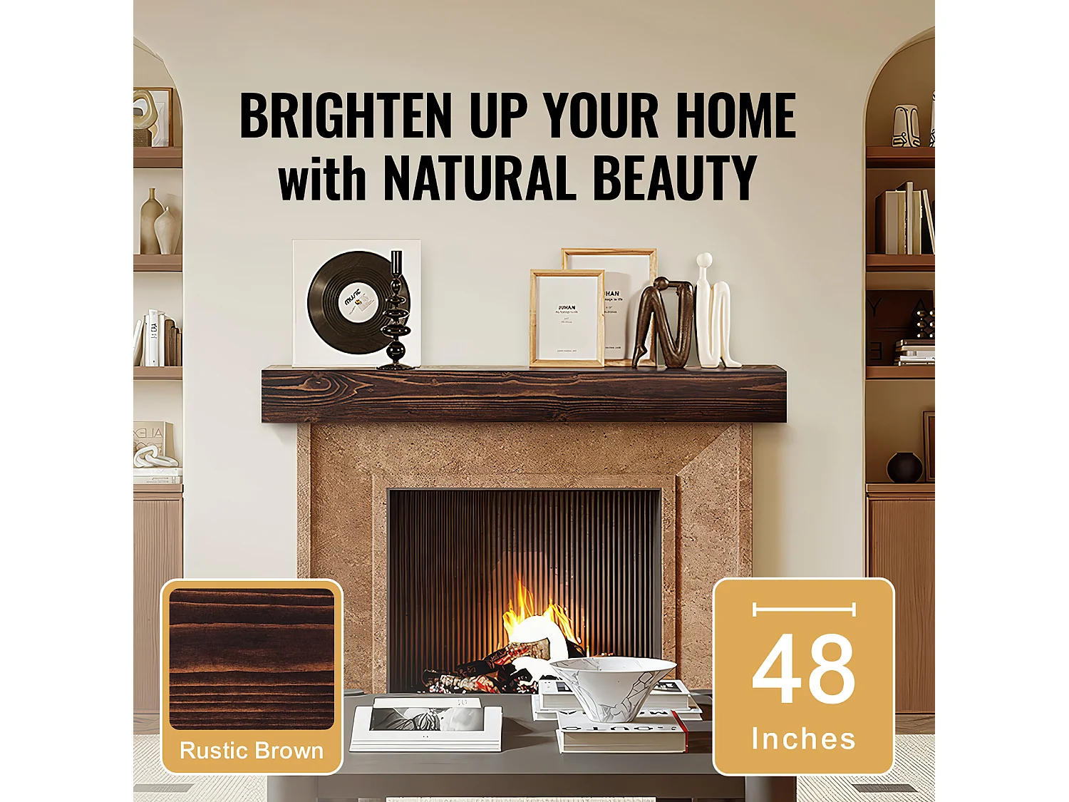 Étagère Flottante Murale en Bois SucceBuy, 122 cm, Marron, Manteau Cheminée