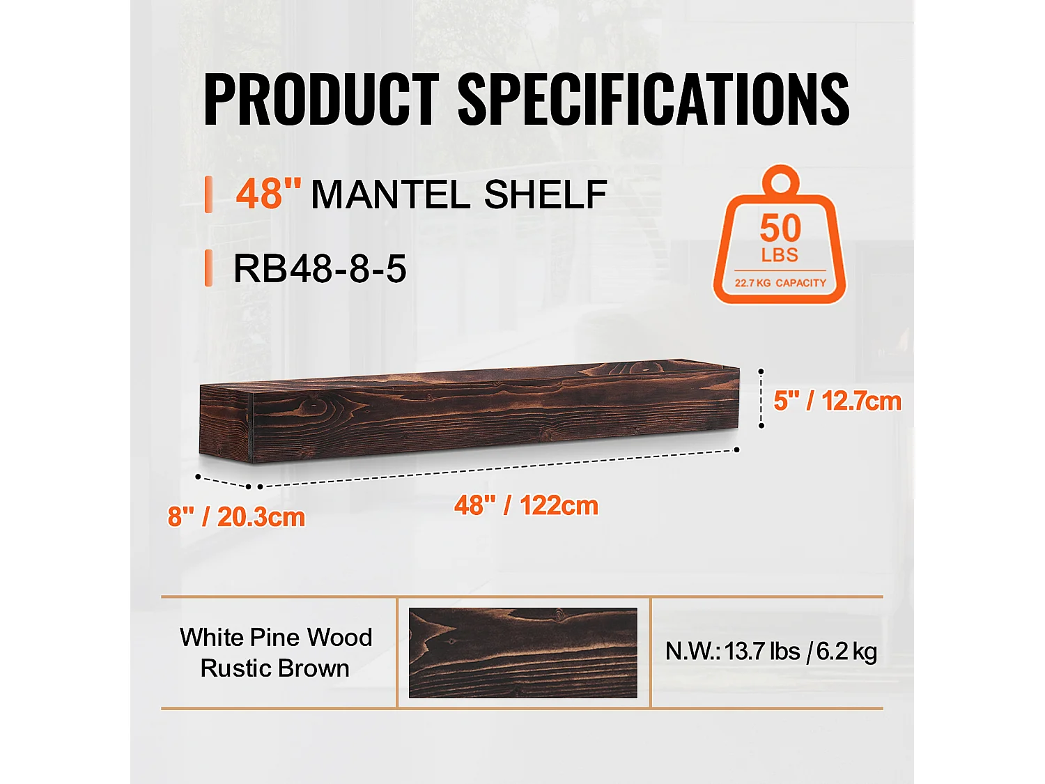 Étagère Flottante Murale en Bois SucceBuy, 122 cm, Marron, Manteau Cheminée