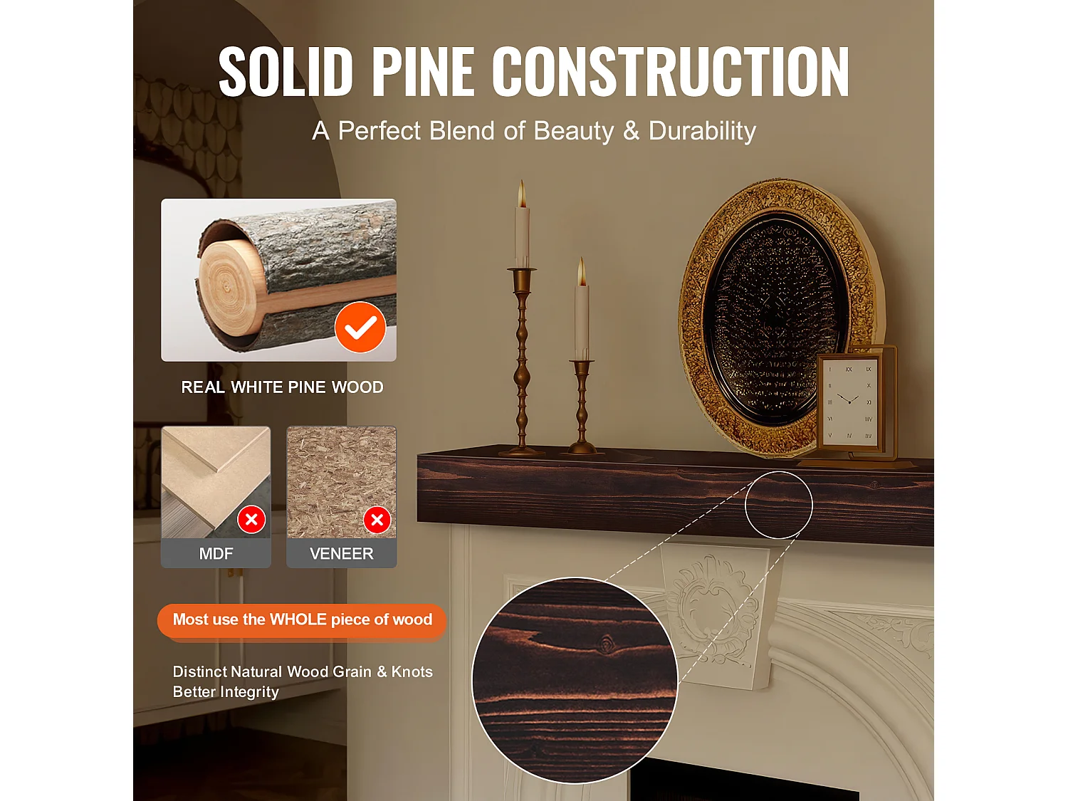 Étagère Flottante Murale en Bois SucceBuy, 122 cm, Marron, Manteau Cheminée