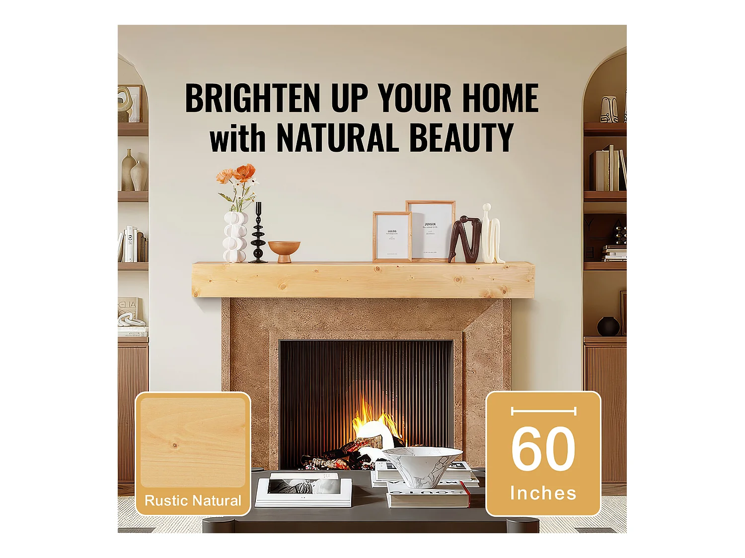 Étagère Flottante Murale en Bois SucceBuy, 152 cm, Rustique Naturel, Manteau Cheminée