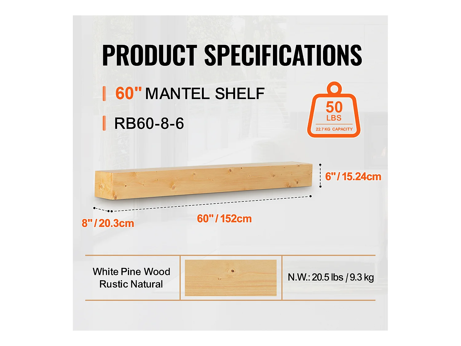 Étagère Flottante Murale en Bois SucceBuy, 152 cm, Rustique Naturel, Manteau Cheminée