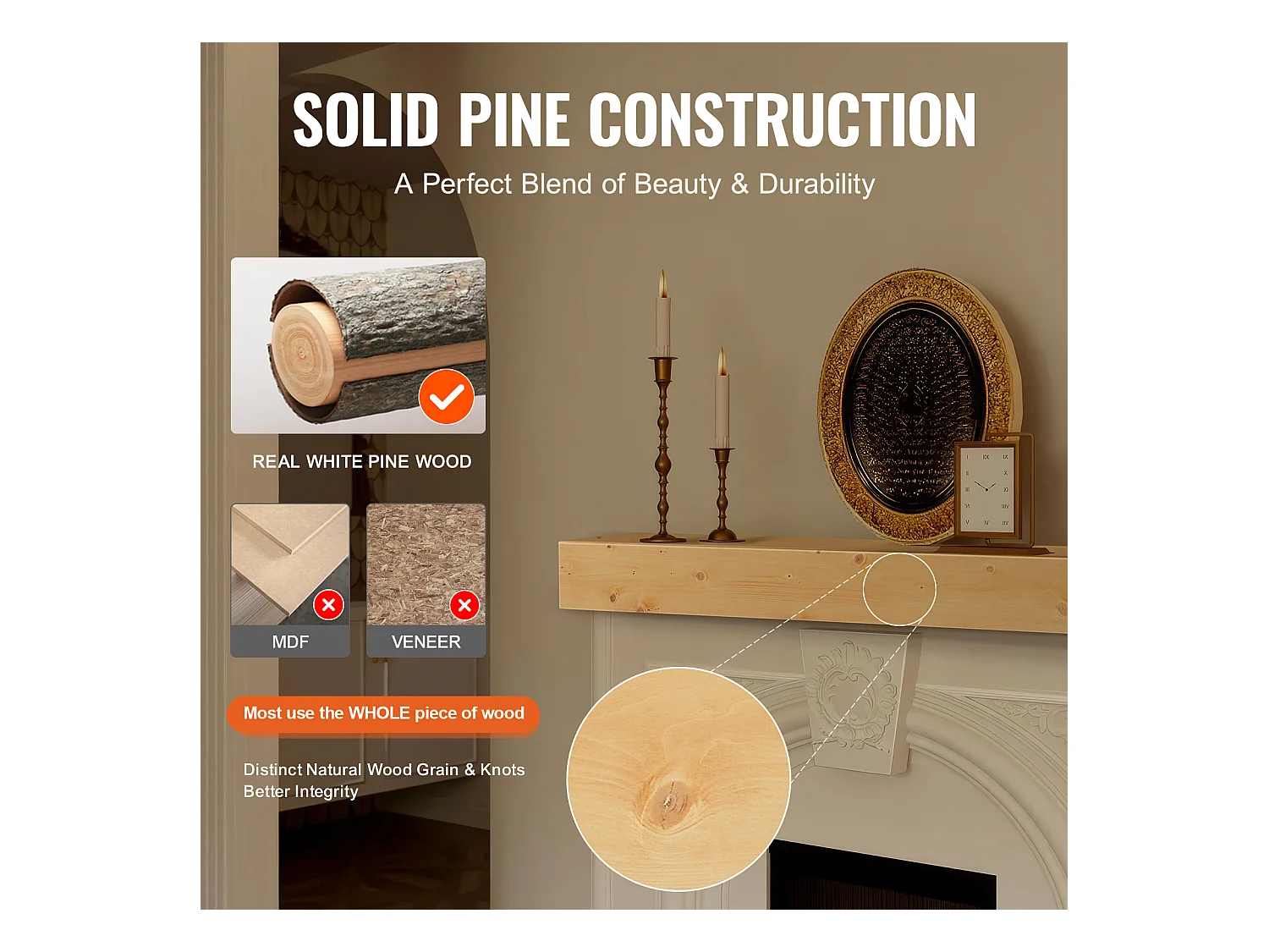 Étagère Flottante Murale en Bois SucceBuy, 152 cm, Rustique Naturel, Manteau Cheminée