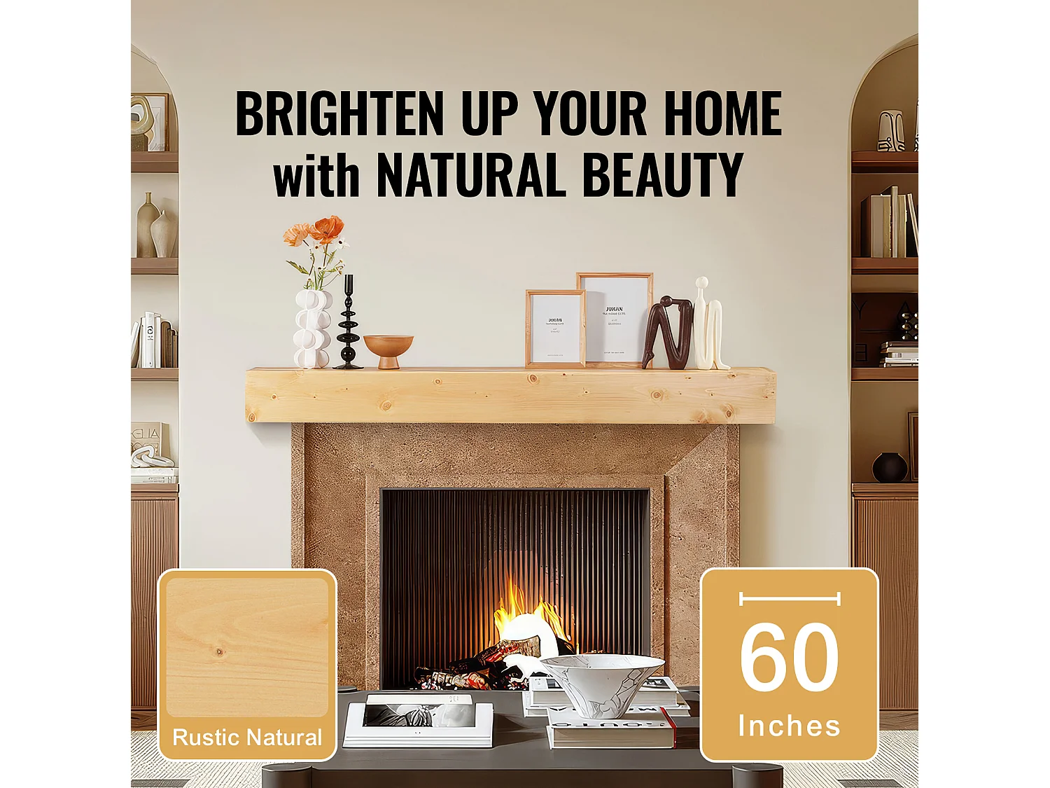 Étagère Flottante Murale en Bois SucceBuy, 152 cm, Rustique Naturel, Manteau Cheminée